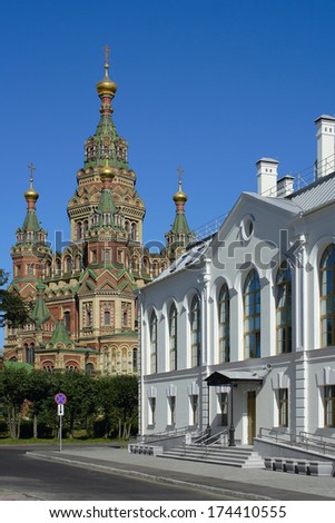 Peterhof, view of the Cathedral of the Holy apostles Peter and Paul with the Trading area
