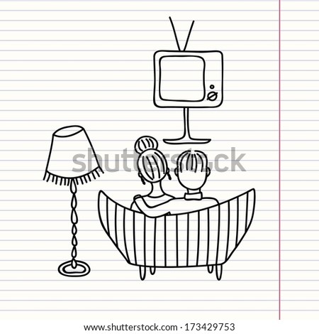 couple watching retro tv (cartoon doodle)