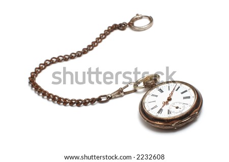 old broken pocket watch on white