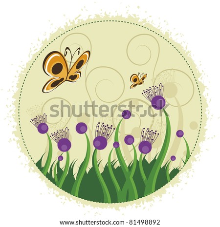 Purple flowers and butterflies. Several branches with purple flowers and even butterflies.