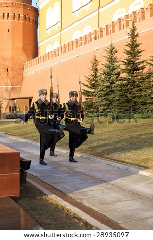 MOSCOW - APRIL 8: Guard of honor march at Kremlin Sentry April 8, 2009 in Moscow, Russia. Russian males age 18-27 years old are required to register for minimum 1 year compulsory military service.