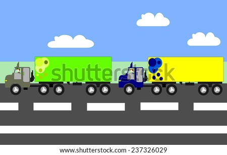 Big trucks moving on the highway, animation, cartoon