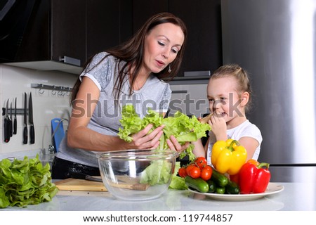mother helping her daughter prepare salad in the kitchen