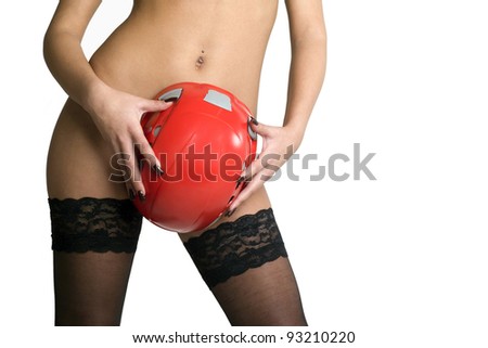 red protective cap with a sensual young woman