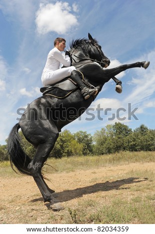 young man and his beautiful black stallion rearing up