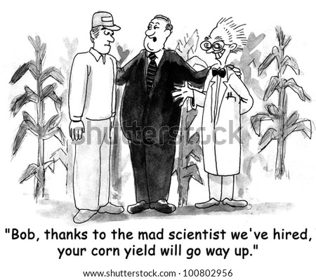 The salesman explains to the farmer, 'Bob, thanks to the mad scientist we've hired, your corn yield will go way up'. Stock fotó © 