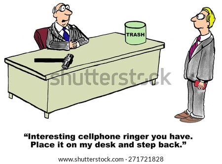 Cartoon of businessman boss saying to associate his cellphone ringer is irritating, put it on the desk and stand back.