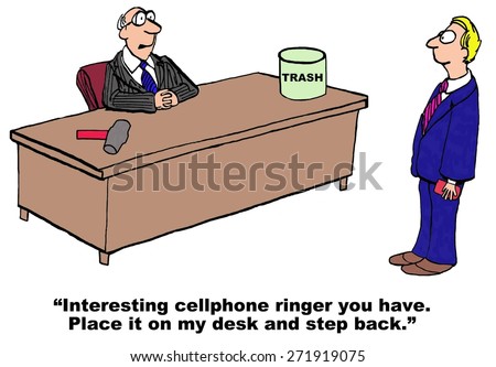 Cartoon of businessman who does not like his associate's cell phone ringer.  He is going to smash it with his hammer.