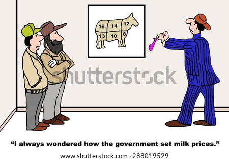 Business cartoon of two farmers watching a government worker play pin the tail on the donkey to set milk prices.  One farmer says, \'I always wondered how the government set milk prices\'.