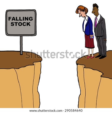 Business cartoon of two businesspeople on a cliff and looking down and a sign that reads, \'falling stock\'.