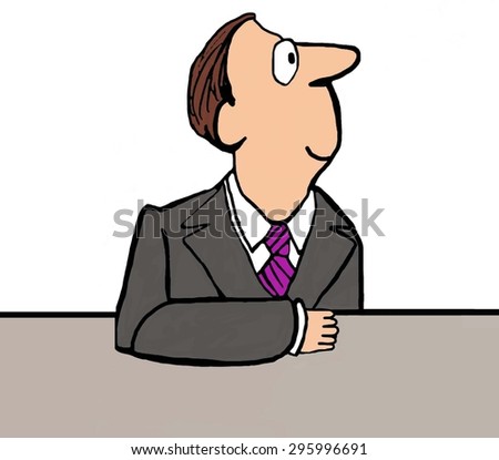Business cartoon of businessman at table.
