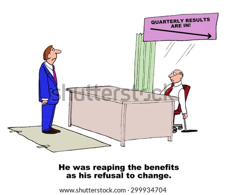 Business cartoon of boss pulling lever, manager standing on trap door and chart with arrow going down.  \'He was reaping the benefits of his refusal to change\'.