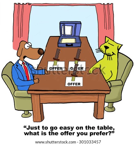 Business cartoon showing business dog and cat in a meeting with three offers and a knife in each.  Business dog says to cat, \'just to go easy on the table, what is the offer you prefer?\'.