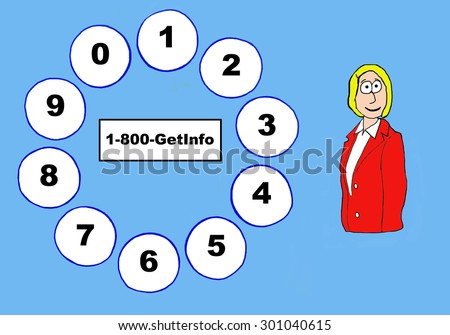 Business or education cartoon showing a woman, a telephone dial pad and \'1-800-GetInfo\'.