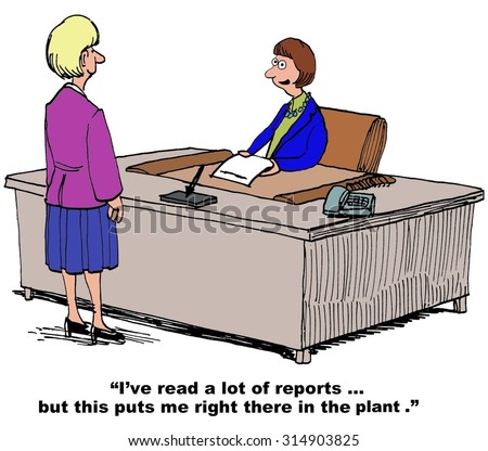 Business cartoon showing businesswoman saying to manager, \