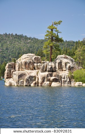 Close-up view of Treasure Island on Boulder Bay at Big Bear Lake. Located in the Southern California mountains.