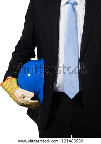 The white collar engineer with a blue helmet under his arms ready to do the job