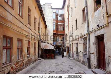 LVIV, UKRAINE - OCTOBER 5: Street cafe in the courtyard of an old house on October 5 2012 in Old Town of Lviv, Western Ukraine. Lviv\'s historic center has been on UNESCO World Heritage list since 1998