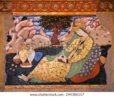 ISFAHAN, IRAN - OCT 17: Old fresco with picture of beautiful persian woman with pitchers in palace Chehel Sotoun on October 17, 2014. Safavid era \