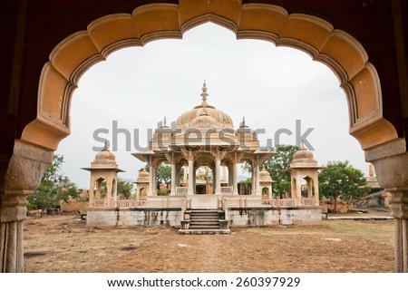 Cenotaphs of the Maharajas of Jaipur. Perfect blending of Islamic architecture and Hindu temple architecture. Royal cremation ground and monuments with typical Rajasthani Carvings, Jaipur, India