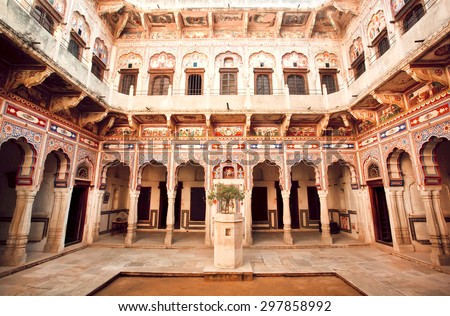 NAWALGARH, INDIA - FEB 6: Rajasthan house of rich family with beautiful carved halls and arches on February 6, 2015. With population of 100000, Nawalgarh is education center of Shekhawati