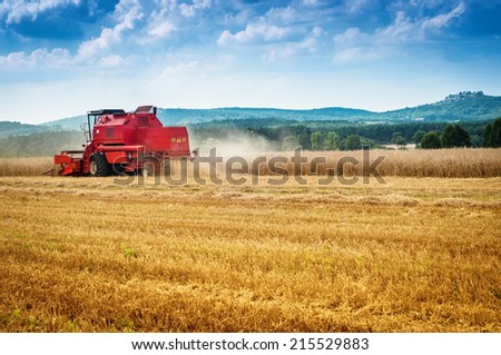 combine harvester working on a corn field