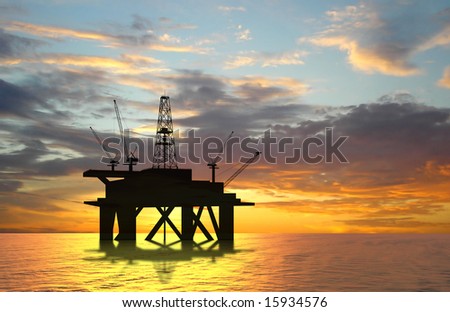 Oil rig silhouette over orange sky