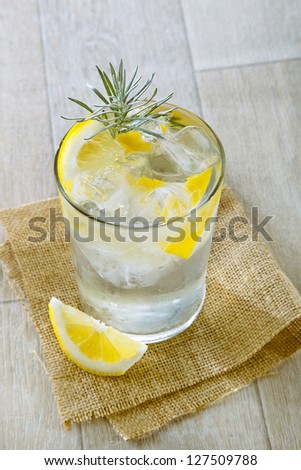 Glass of gin and tonic with ice and lemon. Cocktail with gin and tonic