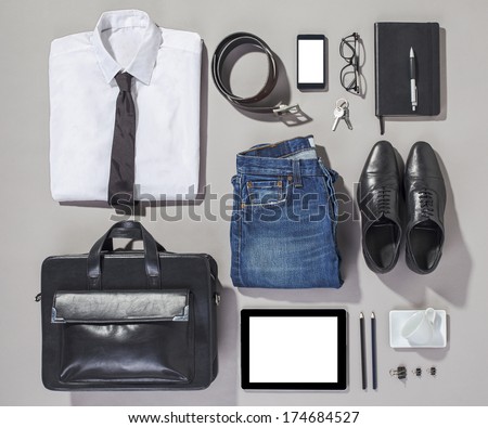 Overhead of essentials modern man. Outfit of business man.
