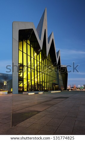 GLASGOW, SCOTLAND - JANUARY 01: the front of the Riverside Museum lit up at night on January 01, 2013 in Glasgow, Scotland.  The Riverside Museum opened in June 2011.