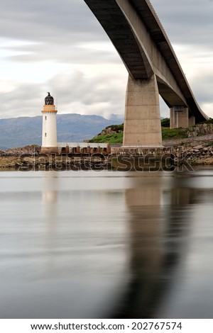A long exposure shot of the Isle of Skye bridge and lighthouse from Kyleakin.