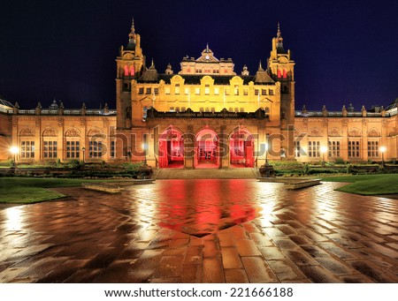 GLASGOW, SCOTLAND - OCTOBER 04: the Kelvingrove art gallery and museum lit up at night on October 04, 2014 in Glasgow, Scotland.