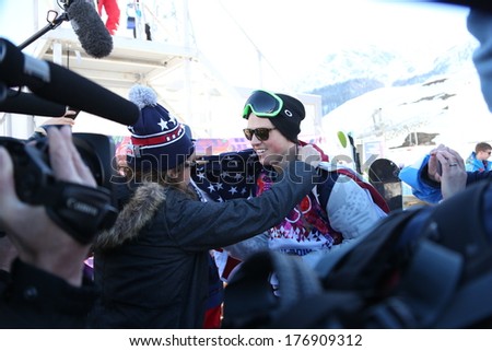 SOCHI, RUSSIA- February 13th: skier Joss Christensen hugs his mom after winning a Gold Medal in Olympic Slopestyle on February 13th 2014 in Sochi Russia.