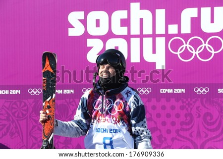 SOCHI, RUSSIA- February 13th: skier Gus Kenworthy waits for his score to come in at the Slopestyle event in Sochi  on February 13th 2014 in Sochi Russia.