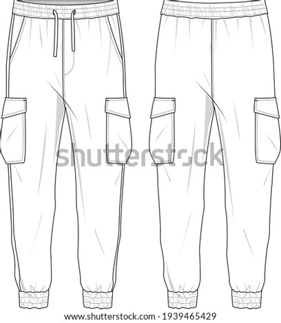 Women's High Waisted, Side Pocket Cargo Joggers Pants. Joggers technical fashion illustration with elastic waistband. Flat apparel joggers template front and back, white colour. Unisex CAD mock up.