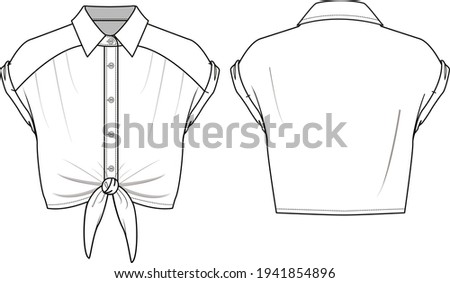 Women's Bow-Detail Cropped Shirt- Shirt technical fashion illustration. Flat apparel shirt template front and back, white colour. Women's CAD mock-up.