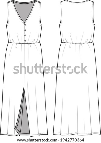 Women's V-Neck, Button Front, Elastic Waist, Split Front Maxi Dress. Dress technical fashion illustration. Flat apparel dress template front and back, white colour. Women's CAD mock-up.