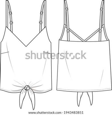 Women's Adjustable Strap, Knot Hem, Cami Top. Top technical fashion illustration. Flat apparel top template front and back, white color. Women's CAD mock-up.