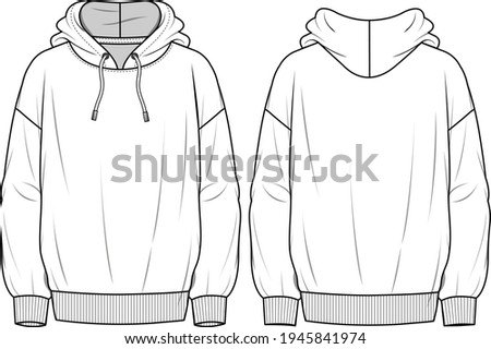 Unisex Oversize Hooded Sweatshirt. Sweatshirt  technical fashion illustration with cord. Flat apparel sweat template front and back, white colour. Unisex CAD mock-up. Foto stock © 