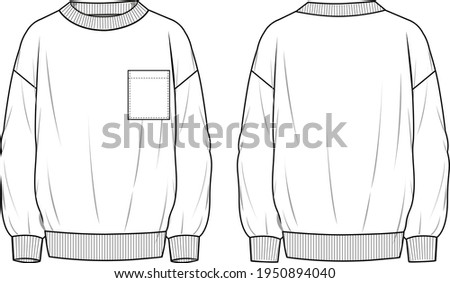 Unisex Pocket Front Detail Oversized Sweatshirt. Technical fashion Sweatshirt illustration. Flat apparel sweat template front and back, white color. Unisex CAD mock-up. Foto stock © 