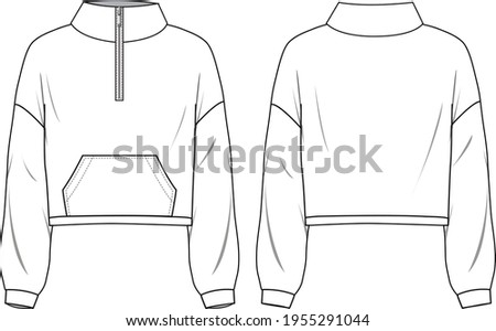 Unisex Half Zip Sweatshirt. Technical fashion sweatshirt illustration. Flat apparel sweat template front and back, white colour. Unisex CAD mock-up. Foto stock © 