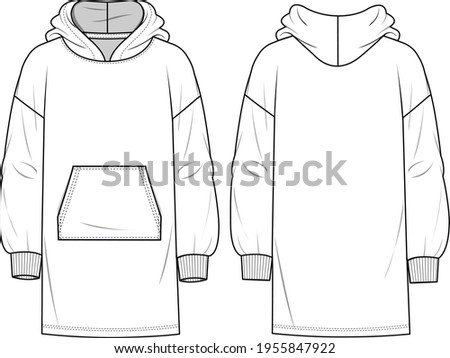 Women's Hooded Sweatshirt Dress. Dress technical fashion illustration with front pocket detail. Flat apparel dress template front and back, white colour. Women's CAD mock-up.