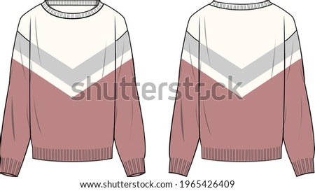 Women's Chevron Colour-block Sweater- Sweater technical fashion illustration. Flat apparel sweater template front and back, colored. Women's CAD mock-up.
