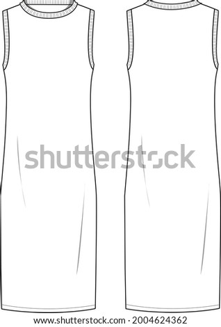 Women's Round Neck, Sleeveless Midi Knit Dress. Dress technical fashion illustration. Flat apparel dress template front and back, white colour. Women's CAD mock-up.