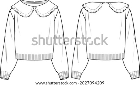 Women's Knit Jumper With Collar- Jumper technical fashion illustration. Flat apparel jumper template front and back, white colour. Women's CAD mock-up. Stock foto © 
