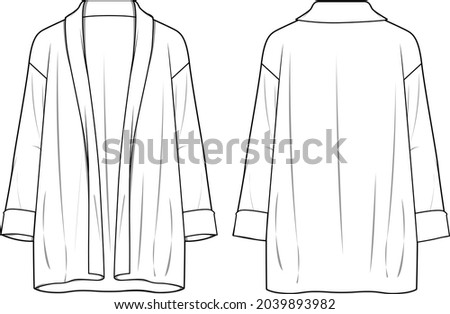 Women's Knit Kimono Cardigan. Cardigan technical fashion illustration. Flat apparel cardigan template front and back, white color. CAD mock-up.