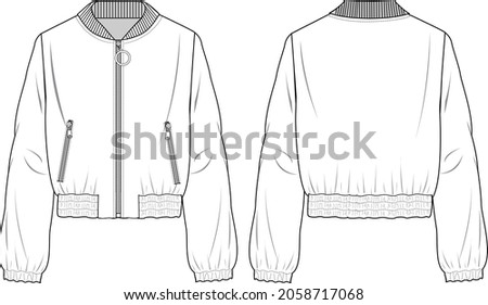 Women's Elastic Hem Zip-up Bomber Jacket. Jacket technical fashion illustration. Flat apparel jacket template front and back, white color. Women's CAD mock-up.