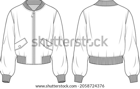 Women's Front Flap Pockets Detail Bomber Jacket. Jacket technical fashion illustration. Flat apparel jacket template front and back, white color. Women's CAD mock-up.