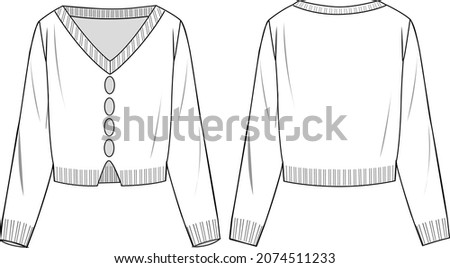 Women's V-Neck Cut out Crop Split Front Knit Sweater - Sweater technical fashion illustration. Flat apparel sweater template front and back, white color. Women's CAD mock-up.
