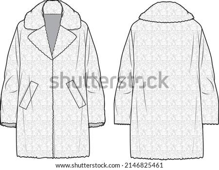 Women's Plush Teddy Long Line Coat. Coat technical fashion illustration. Flat apparel coat template front and back, white colour. Women's CAD mock- Сток-фото © 